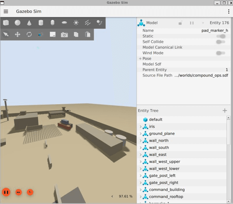 gazebo sim window showing a 3d walled compound with buildings, and an entity tree listing iris, ground_plane, walls, gate posts and the command building