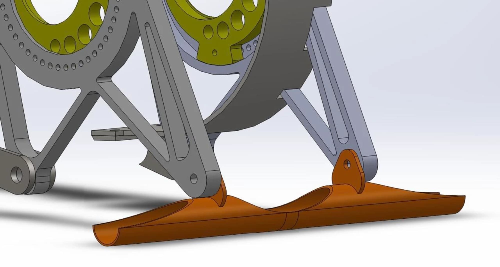 solidworks render of the orange jacking bar mounted under the grey differential hangers