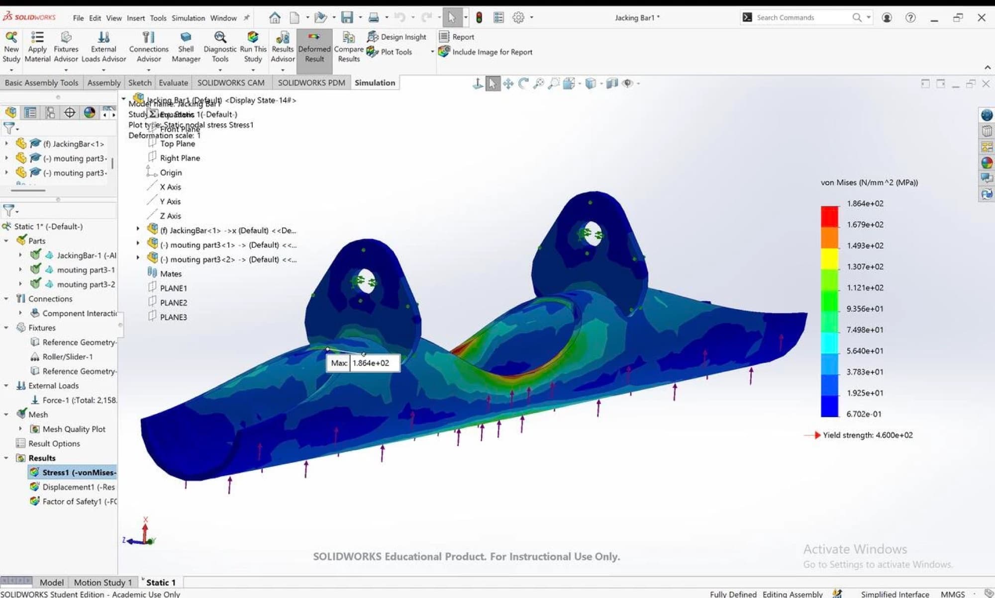 solidworks static study showing von mises stress on the jacking bar
