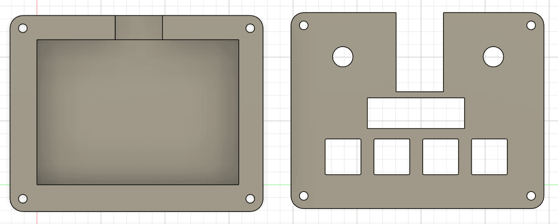 top-down cad view of a rectangular bottom shell and a flat top plate with two round holes, a rectangular window, four square cutouts and a notch at the top edge