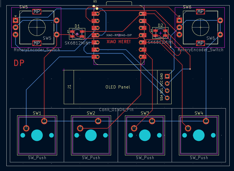kicad pcb layout with rotary encoders sw5 and sw6 in the top corners, the xiao rp2040 footprint and two sk6812mini leds between them, the oled panel header j1 in the middle and four switch footprints sw1-sw4 along the bottom