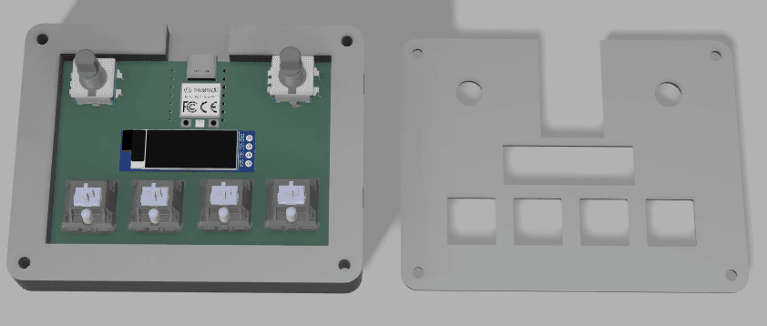 3d render of the green macropad pcb with encoders, xiao rp2040, oled and four switches inside the grey bottom shell, next to the separate top plate