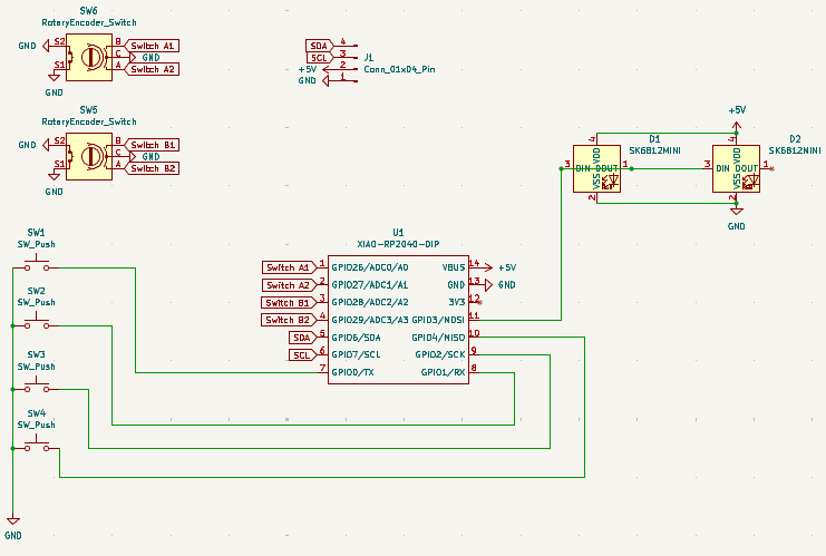 kicad schematic of the xiao rp2040 wired to two rotary encoders, a 4-pin oled header, two chained sk6812mini leds and four push switches