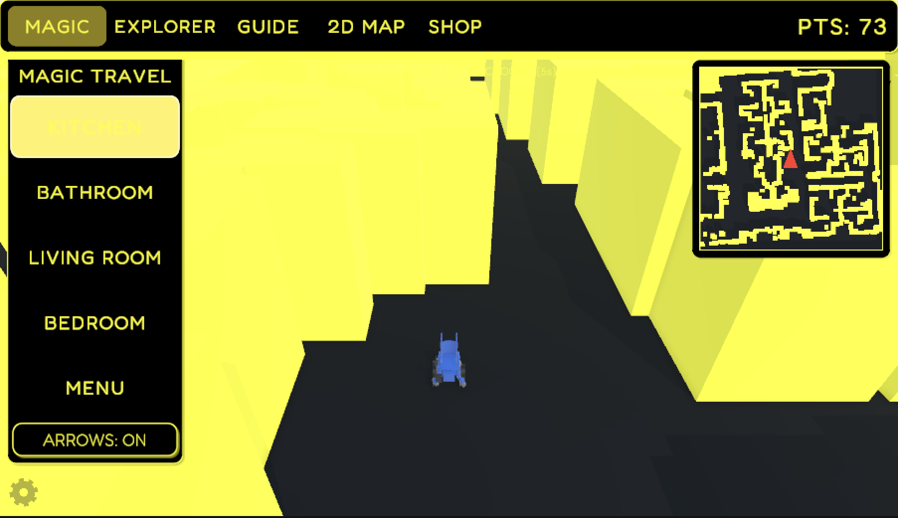 yellow-on-black unity interface with a mode tab bar, a magic travel room list, a blue wheelchair model on the generated map and a mini-map in the corner